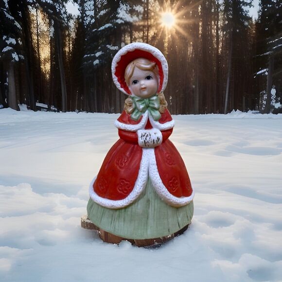 Vtg Enesco Little Girl Red Coat Porcelain Music Box Figurine Winter Wonderland - Picture 1 of 10